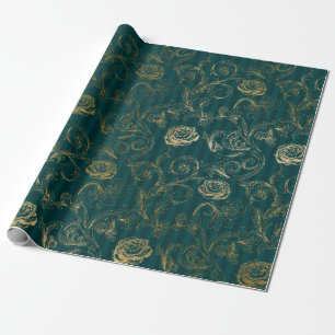 Vintage Teal and Gold Rose Floral Wrapping Paper