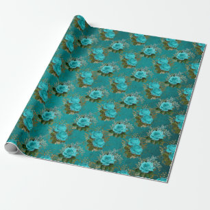 Vintage Teal and Gold Rose Wrapping Paper