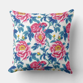 Vintage Teal and Pink Chinoiserie Peony Floral Throw Pillow