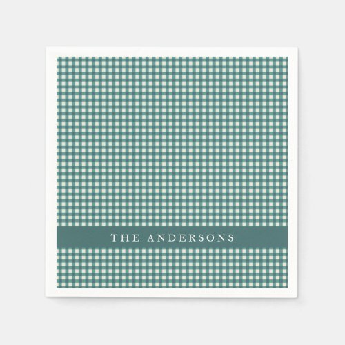 Vintage Teal and White Gingham Plaid Personalized  Napkins