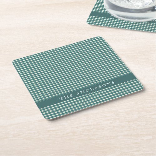 Vintage Teal and White Gingham Plaid Personalized  Square Paper Coaster