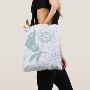 Vintage Teal And White Large Floral Rustic Pattern Tote Bag