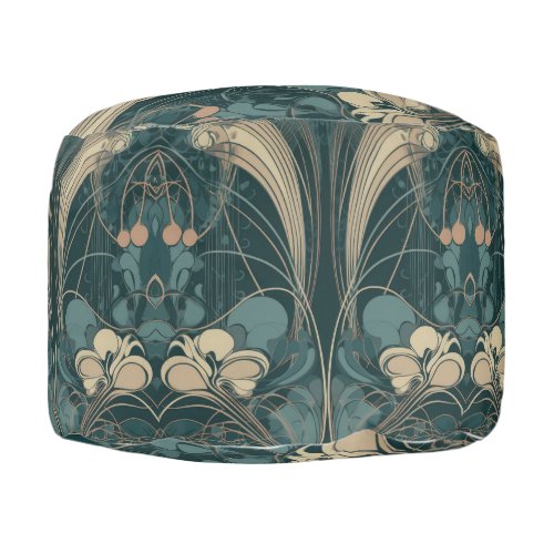 Vintage Teal Art Deco Nouveau Style Round Pouf