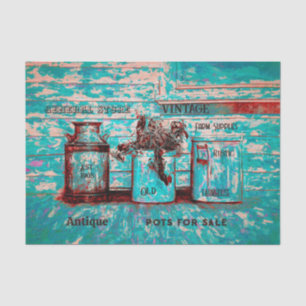 Vintage Teal Beige Rustic Ephemera Art Jugs Tissue Paper