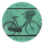 Vintage Teal Bicycle Save the Date Round Stickers