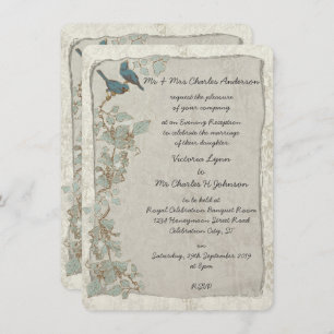 Vintage Teal Birds Damask Evening Reception Invitation