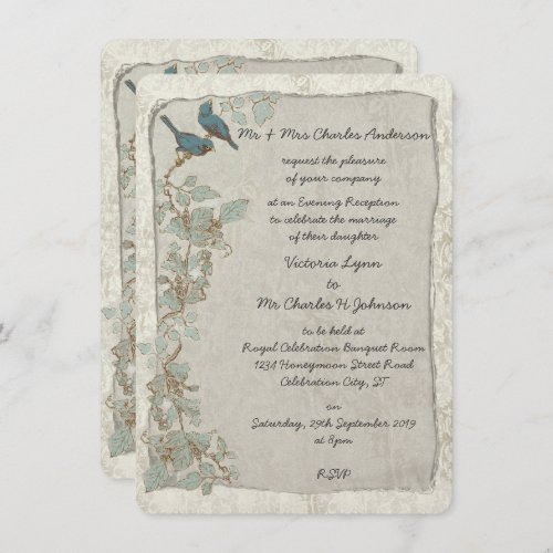 Vintage Teal Birds Damask Evening Reception Invitation