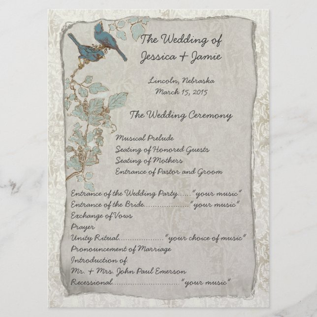 Vintage Teal Birds Damask Wedding Program (Front)