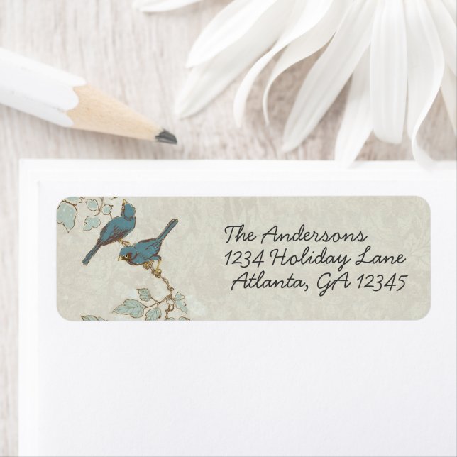 Vintage Teal Birds Damask Wedding RSVP Label (Insitu)
