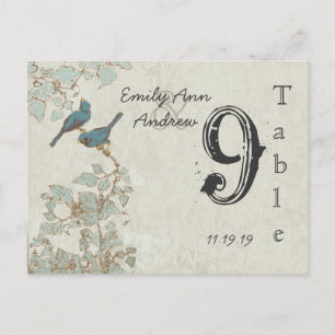 Vintage Teal Birds Damask Wedding Table Number