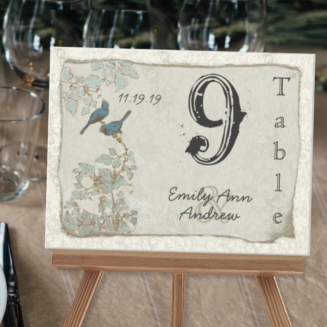 Vintage Teal Birds Damask Wedding Table Number (Creator Uploaded)