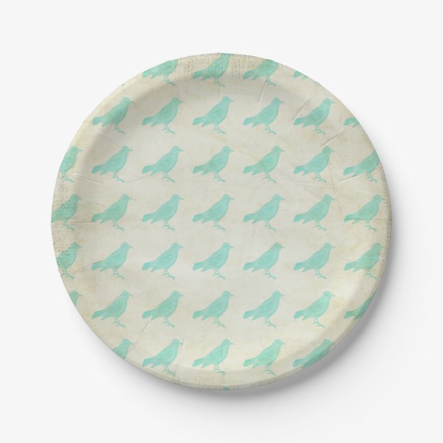 Vintage Teal Birds Paper Plates (Front)