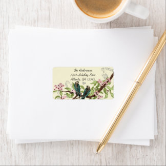 Vintage Teal Birds Pink Flowering Branch Label