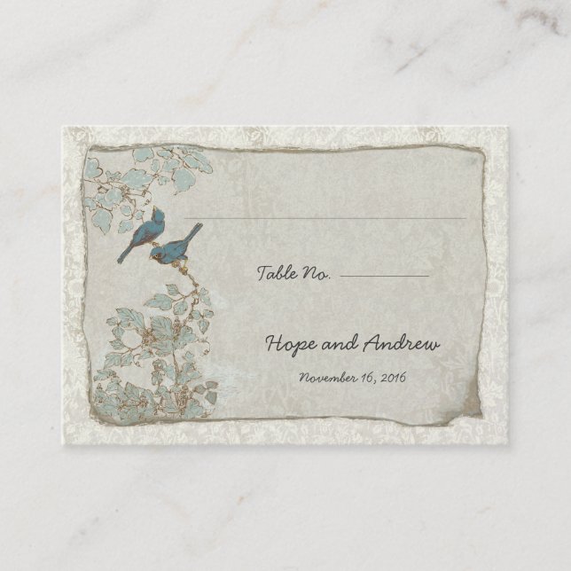 Vintage Teal Birds Place Card with Menu Selection (Front)