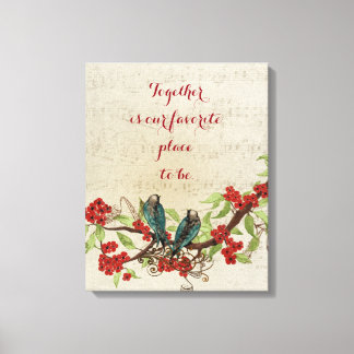 Vintage Teal Birds Red Floral Pattern Quote Canvas Print