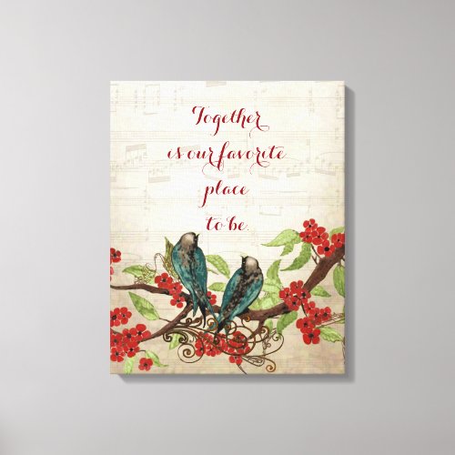 Vintage Teal Birds Red Floral Pattern Quote Canvas Print