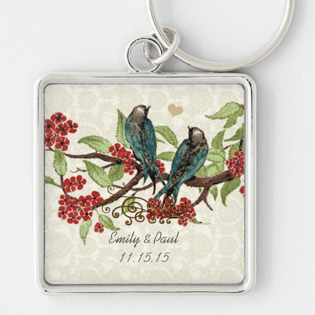 Vintage Teal Birds Red Flowers Wedding Key Chain (Front)