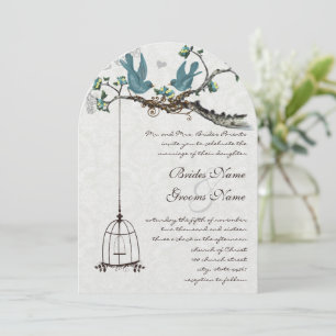 Vintage Teal Birds with Bird Cage & Pink Blooms Invitation