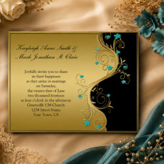 Vintage Teal Black and Gold Wedding Invitation