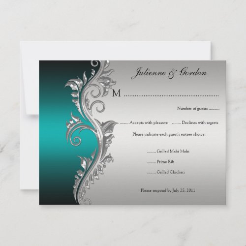 Vintage Teal Black and Silver Floral RSVP