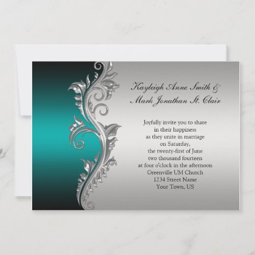 Vintage Teal Black and Silver Wedding Invitation