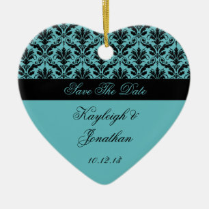 Vintage Teal Black Damask Save The Date Ornament