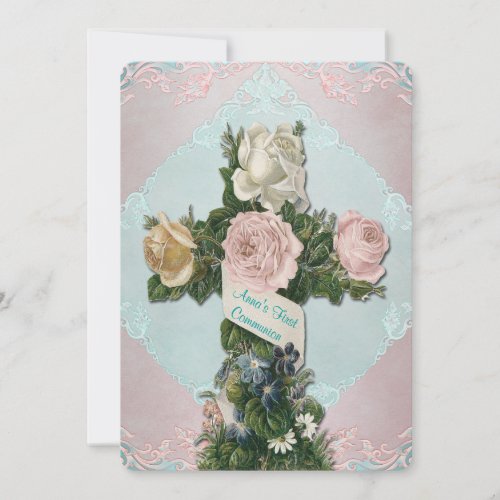 Vintage Teal Blue and Pink First Communion Personalized Invitations