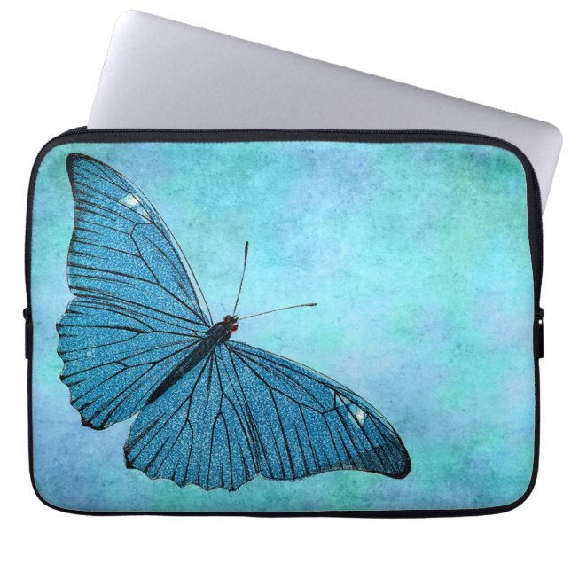Vintage Teal Blue Butterfly 1800s Illustration Laptop Sleeve (Front)