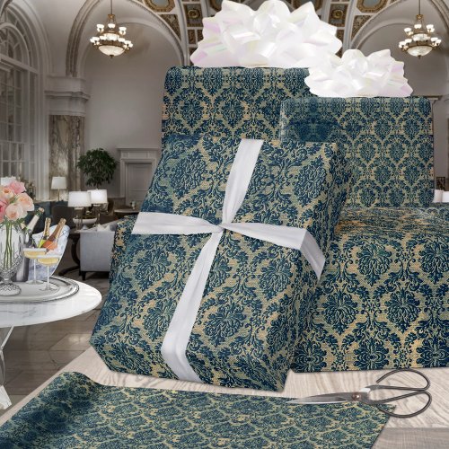 Vintage Teal Blue Green Gold Floral Damask Wreath Wrapping Paper