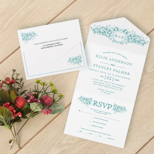 Vintage teal blue heraldic crest wedding all in one invitation