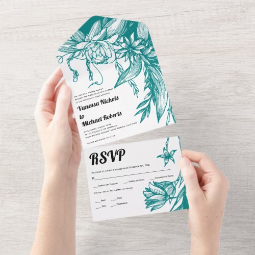 Vintage teal blue line art flowers wedding    all in one invitation