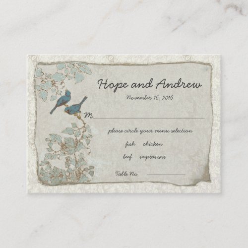 Vintage Teal Blue Love Birds Menu Selection Place Card