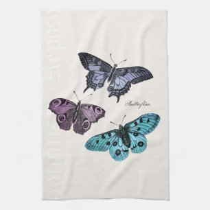 Vintage Teal Blue Purple Pink Butterfly Drawing Kitchen Towel