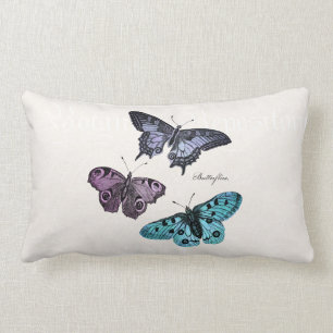 Vintage Teal Blue Purple Pink Butterfly Drawing Lumbar Pillow