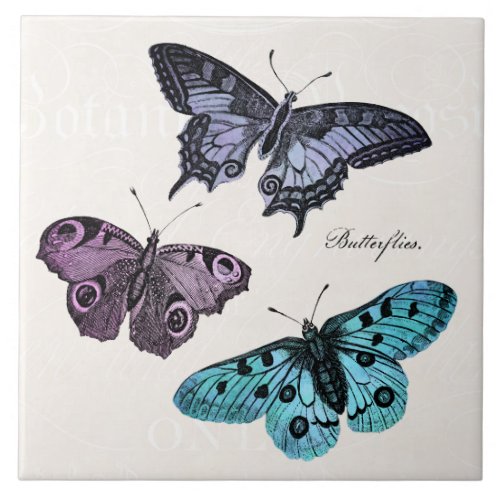 Vintage Teal Blue Purple Pink Butterfly Drawing Tile