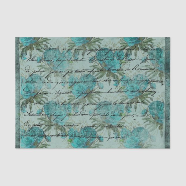 Vintage Teal Blue Roses and Script Tissue Paper (Front)