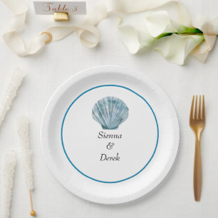 Vintage Teal Blue Single Seashell Wedding Paper Plates