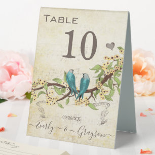 Vintage Teal Blue Turquoise Love Birds Yellow Table Tent