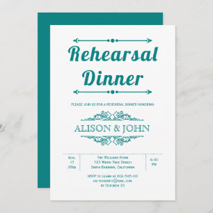 Vintage teal blue typography rehearsal dinner invitation