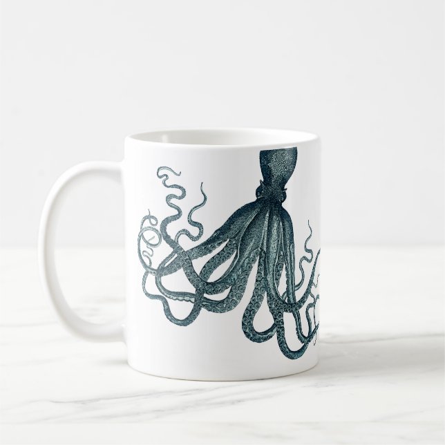 Vintage Teal Blue Vintage Octopus Nautical Coffee Mug (Left)