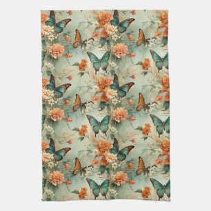 Vintage Teal Butterfly Orange Floral Garden Kitchen Towel