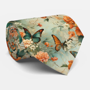 Vintage Teal Butterfly Orange Floral Garden Neck Tie