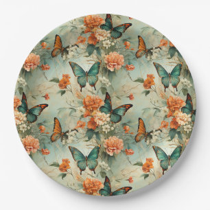 Vintage Teal Butterfly Orange Floral Garden Paper Plates