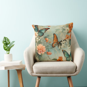 Vintage Teal Butterfly Orange Floral Garden Throw Pillow