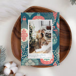 Vintage Teal Christmas Ornaments Custom Photo Holiday Card<br><div class="desc">This vintage aesthetic holiday card features your photo surrounded by a colorful teal blue and muted red ornament pattern and a trendy script typography.</div>