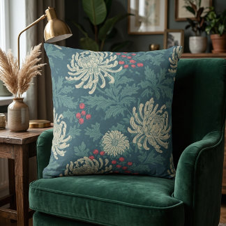 Vintage Teal Chrysanthemum Floral Pattern Throw Pillow