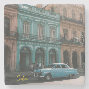 Vintage Teal Classic Car Old Havana Cuba Colonial Stone Coaster