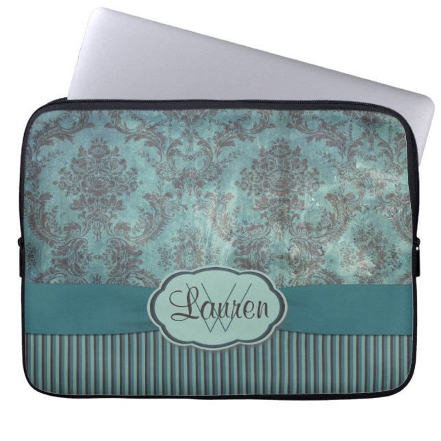 Vintage teal damask monogram laptop sleeve (Front)