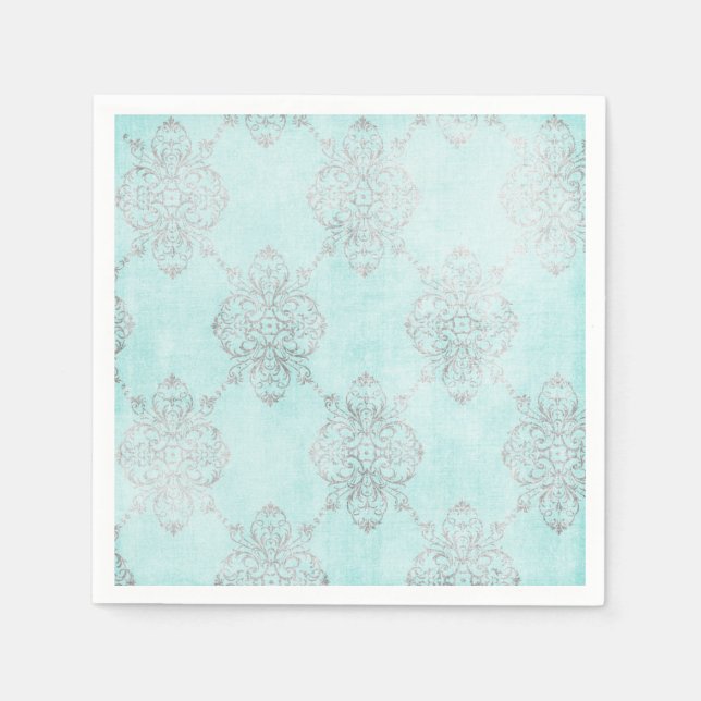 Vintage Teal Damask Paper Napkins (Front)