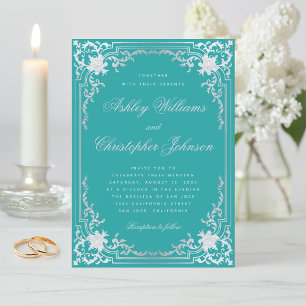 Vintage Teal Faux Silver Elegant Ornate Wedding Invitation
